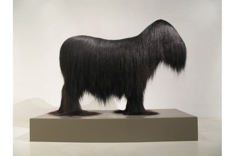 <b>Cauda Equina, 1995-2007</b><br>approx. 1.4 million hand knotted horse hairs on fabric on taxidermy mannequin with resin.<br>76”L x 24”W x 63”H (horse) 90”L x 48”W x 12”H (base) <b>Collection of the Delaware Art Museum</b>